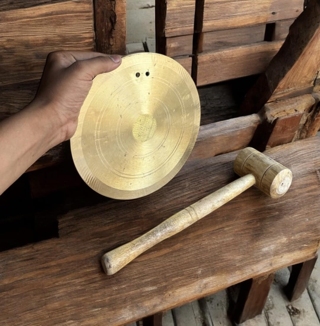 Brass Round Ghadiyal Ghanta Bell Plate with Wooden Hammer 8.5 Inch (in cm 21.59) Vijay Ghanta for School, Temple, and Pooja Use Traditional Brass Puja Bell Plate-image-30