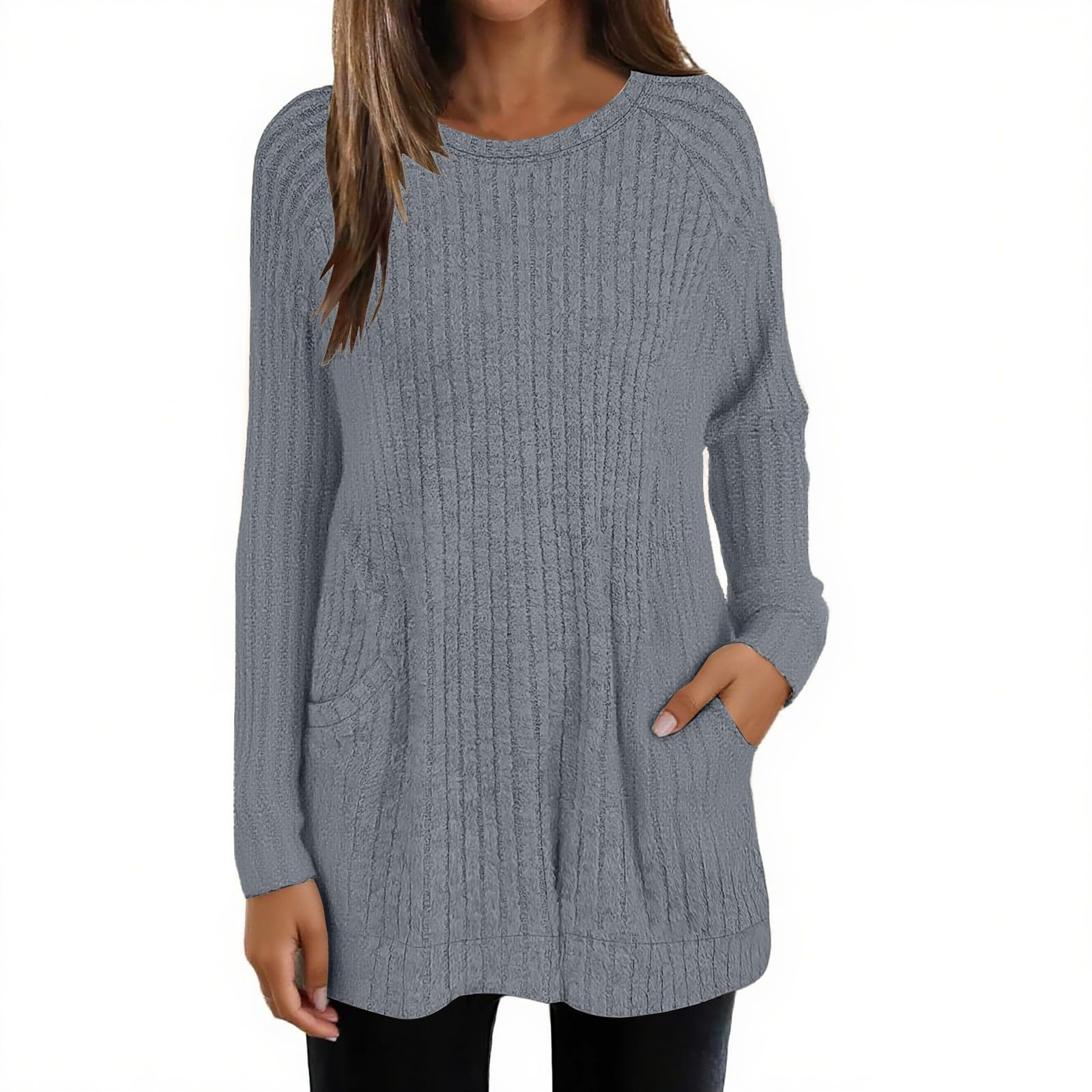 Womens Long Cashmere Sweaters Dressy Knit Tunic Outfits Casual Trendy Crew Neck Pullover Tops with Pockets