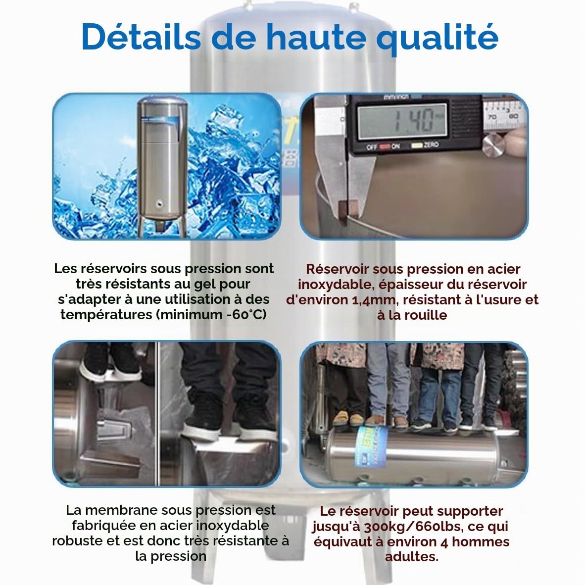 Réservoir de Pression en Acier Inoxydable 304, Vessie Surpresseur, Système Automatique d'Alimentation en Eau Cuve Fermée avec Manomètre, Interrupteur et Soupape(300L/79.3Gal)