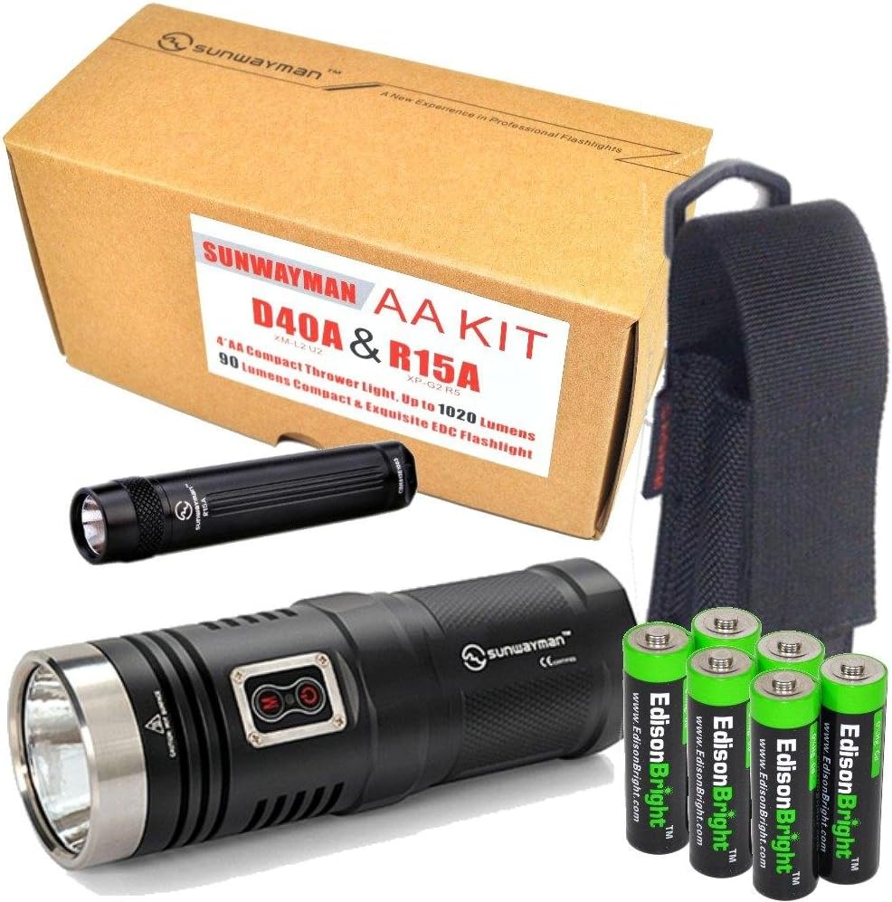 EdisonBright Sunwayman D40A 1020 Lumen Cree XM-L2 U2 LED Limited Edition AA Flashlight, 90 Lumen R15A AA Flashlight Set and Holster with 6 X AA Alkaline Batteries Bundle
