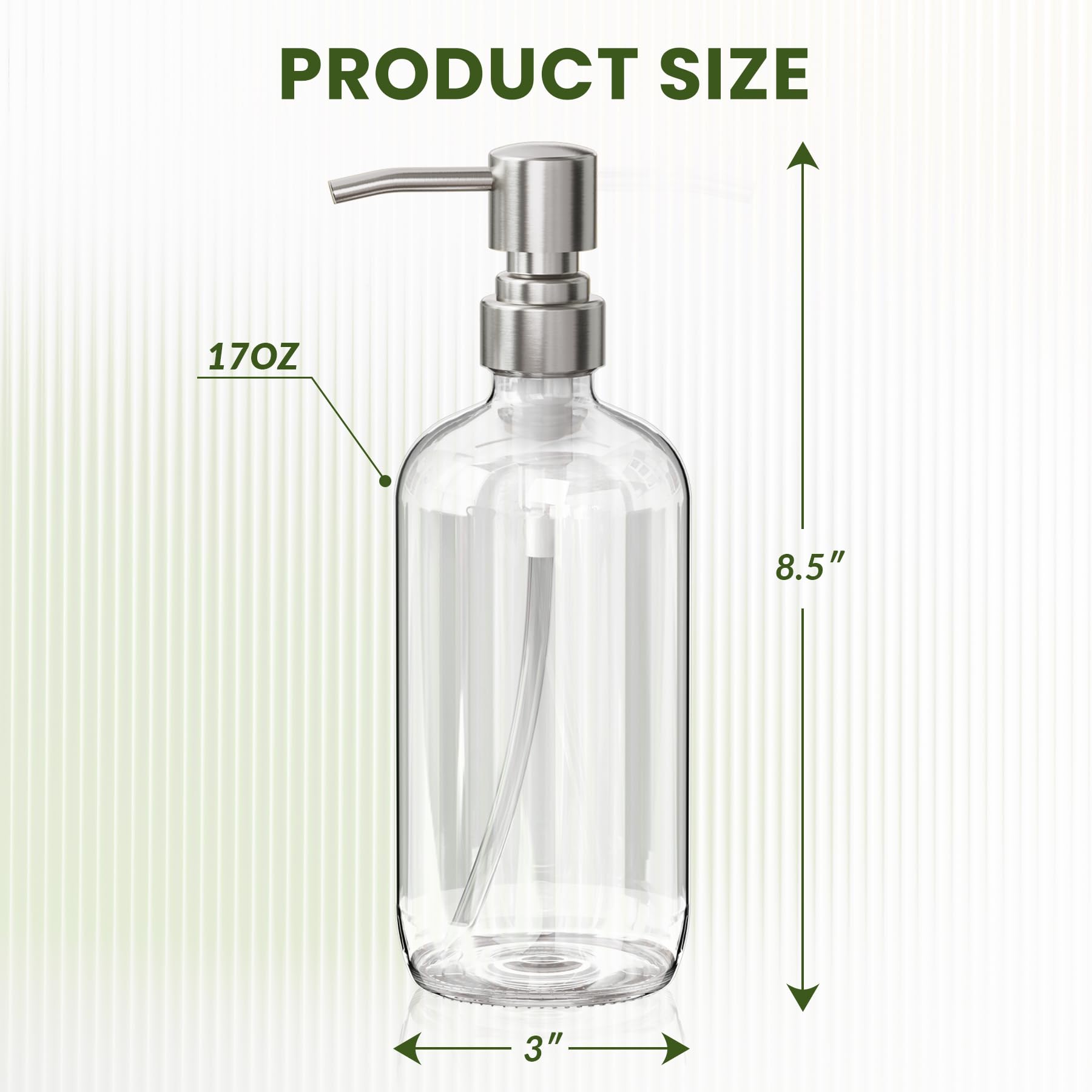 Dispensador de jabón, paquete de 2 dispensadores de jabón de vidrio con bomba de acero inoxidable, botellas de jabón de manos de 17 onzas, baño y cocina, transparente 5