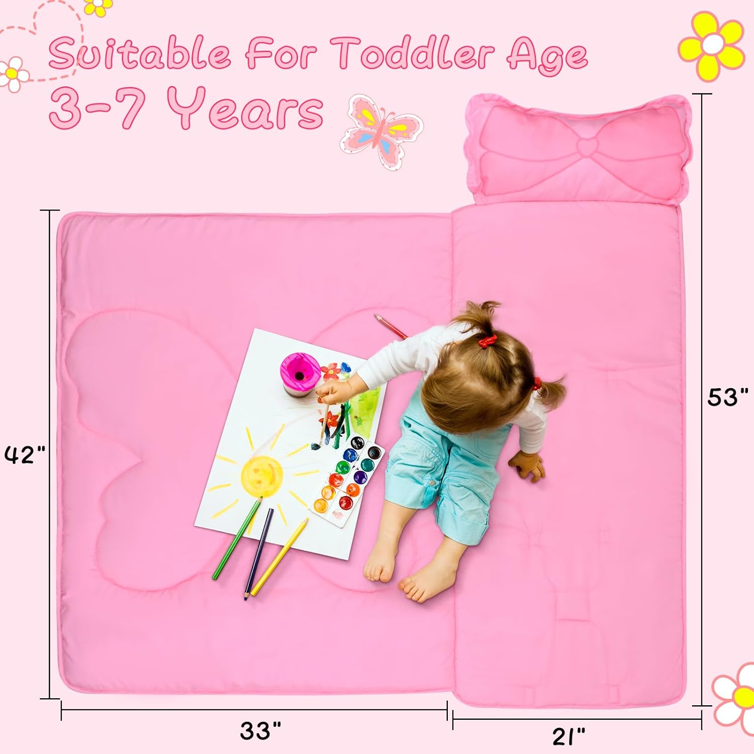 Cloele Toddler Nap Mat with Removable Pillow - 53"x21" Sleeping Bag for Kids Ages 3-7Years Slumber Bags,Rolled and Portable Nap Mat for Preschool Daycare for Toddler Girls Travel-Butterfly