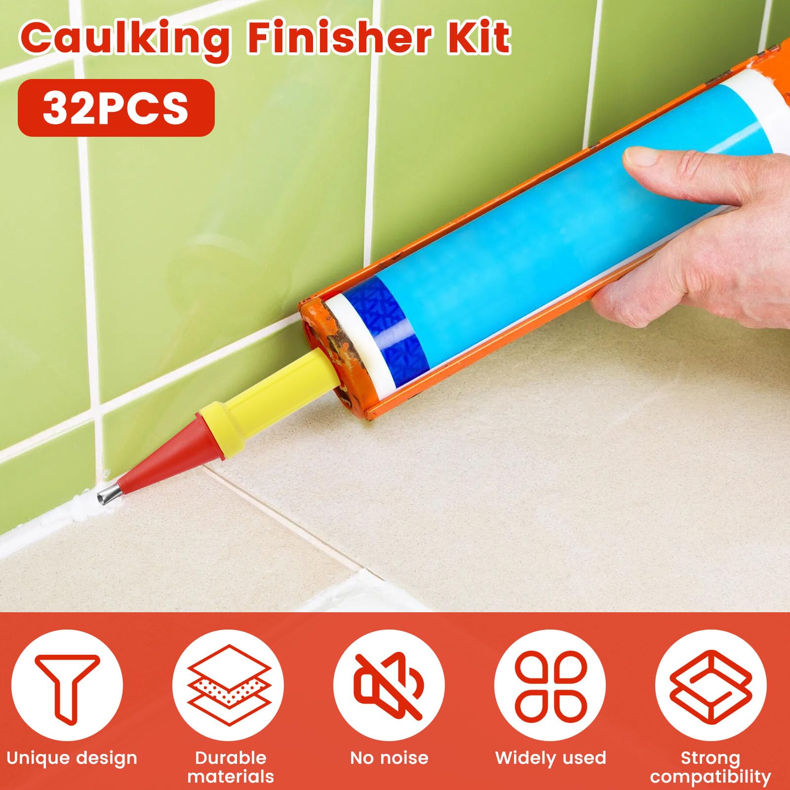 FALESOUL 32Pcs Caulking Finisher Kit, 18Pcs Caulking Nozzle Tips, Reusable Caulking Nozzle Coating Caulking Tool Kit with 10 Connector Caulking Guns and 4 Grout Scraper for Bathroom Kitchen Doors