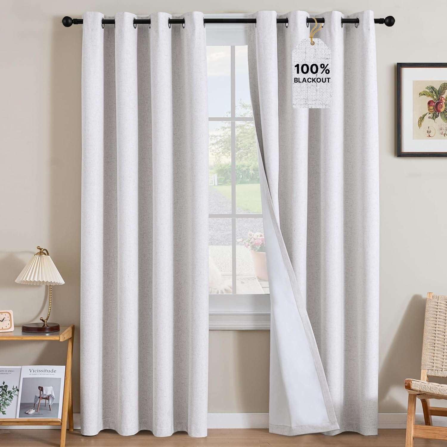 H.VERSAILTEX Linen Curtains 100% Blackout Curtains for Bedroom 108 inch Long Full Light Blocking Nature Linen Blended Window Curtains for Living Room Nickel Grommet (2 Panels, Heathered White)