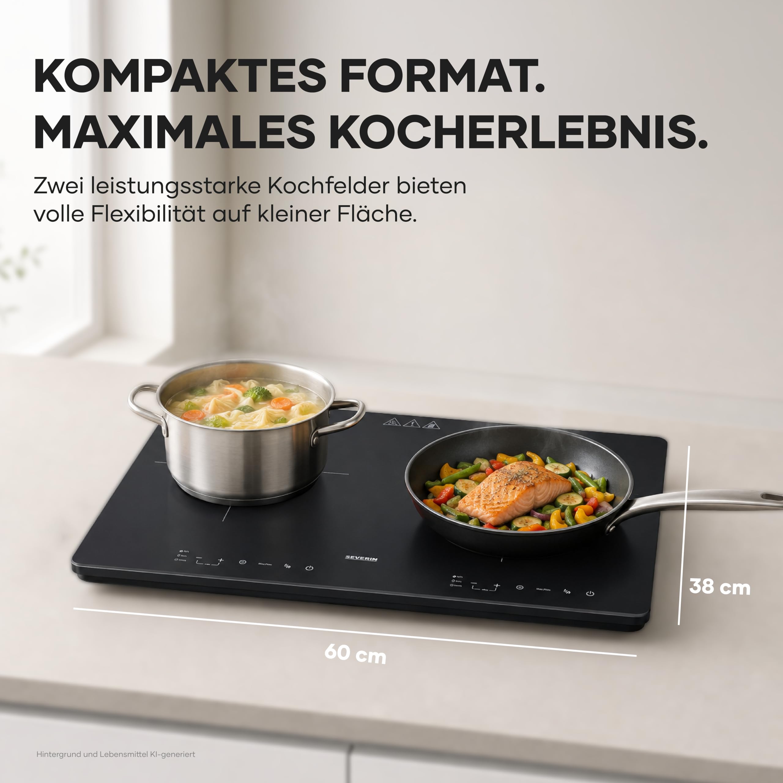Severin Doppel-Induktionskochplatte 2 Platten, kratzfeste Glaskeramik-Kochfelder, matt, 10 Leistungsstufen, Touch-Display, Timerfunktion, automatische Abschaltung, 3.400W, schwarz, Glas, DK 1033