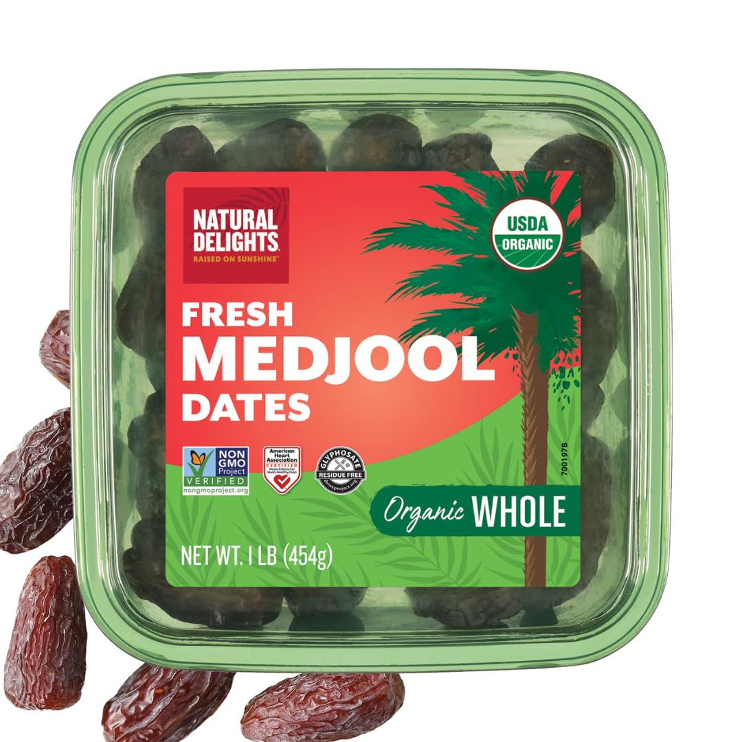 Organic Medjool Dates – Large & Plump USDA Certified , Non-GMO Verified, Good Source of Fiber, Naturally Sweet Fruit Snack, Perfect for On-the-Go - Whole Medjool Dates Organic, 1 lb oz Container