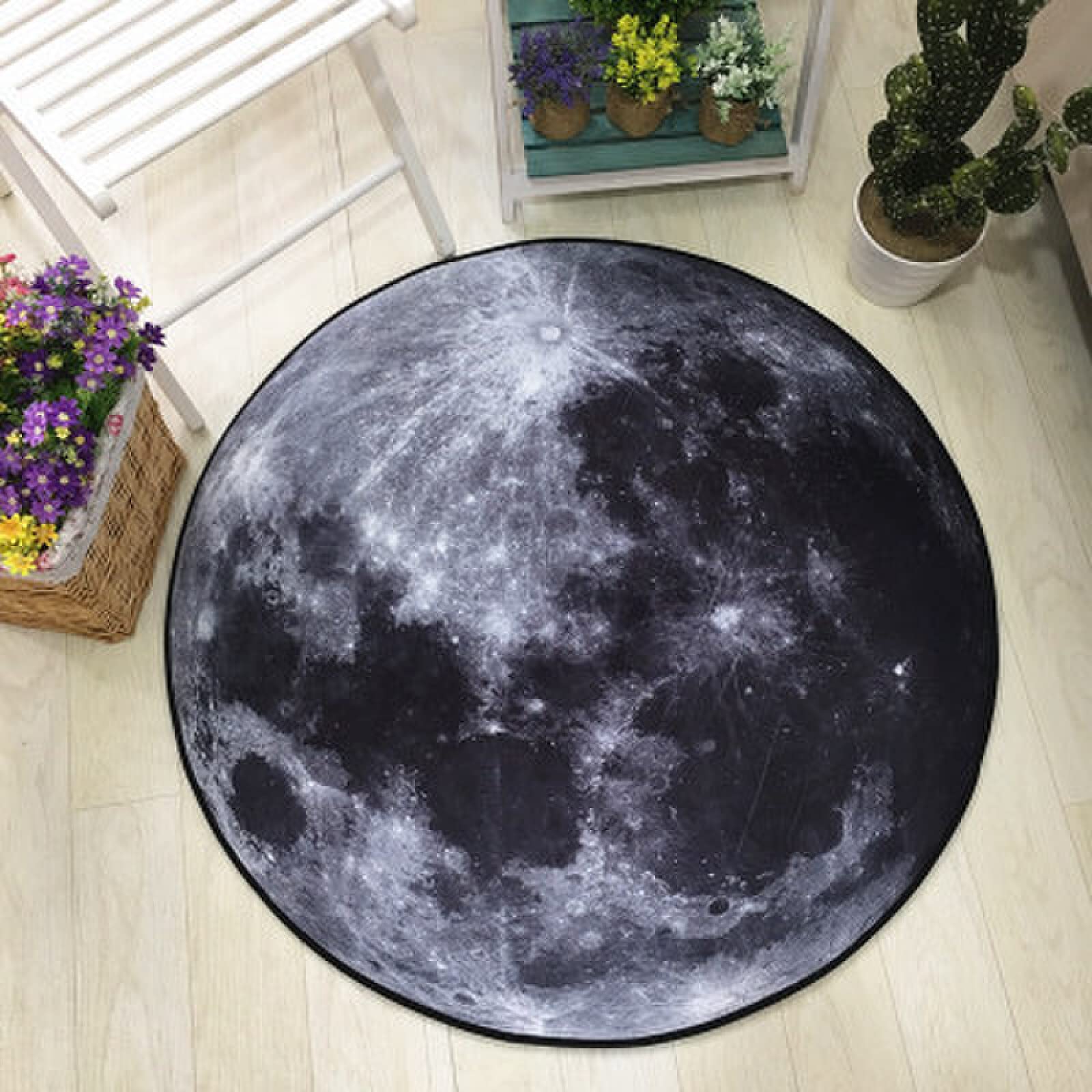 Rururug Alfombra de diseño Redonda Alfombra Vinilo Redonda Luna 3D en Blanco y Negro Alfombra Antideslizante Junto A La Cama para Niños ø 60CM