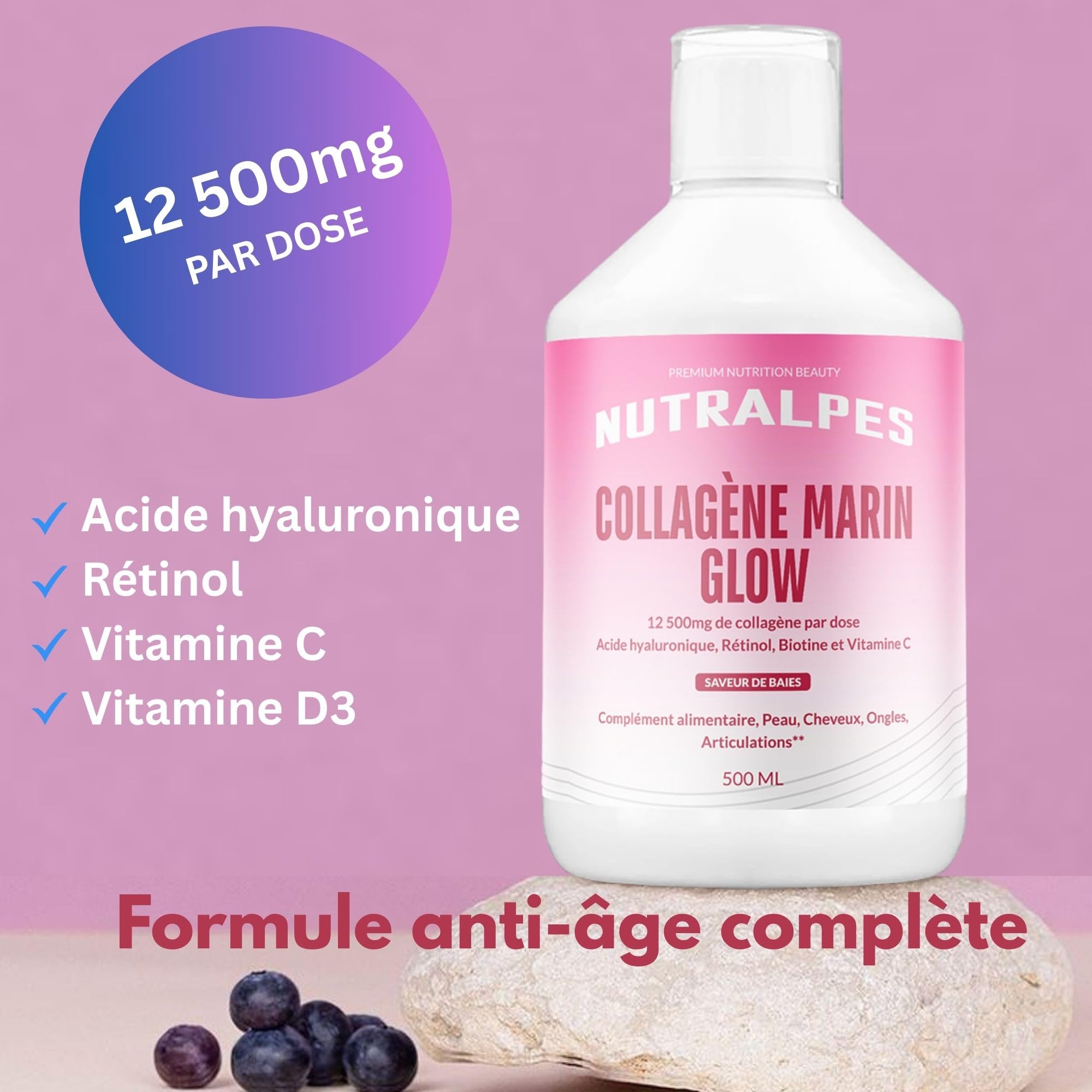 Collagène marin liquide 12500mg | Anti-Âge puissant | Peau Éclat & Hydratée | Acide hyaluronique, rétinol, vitamine C | 500ml | Saveurs baies.
