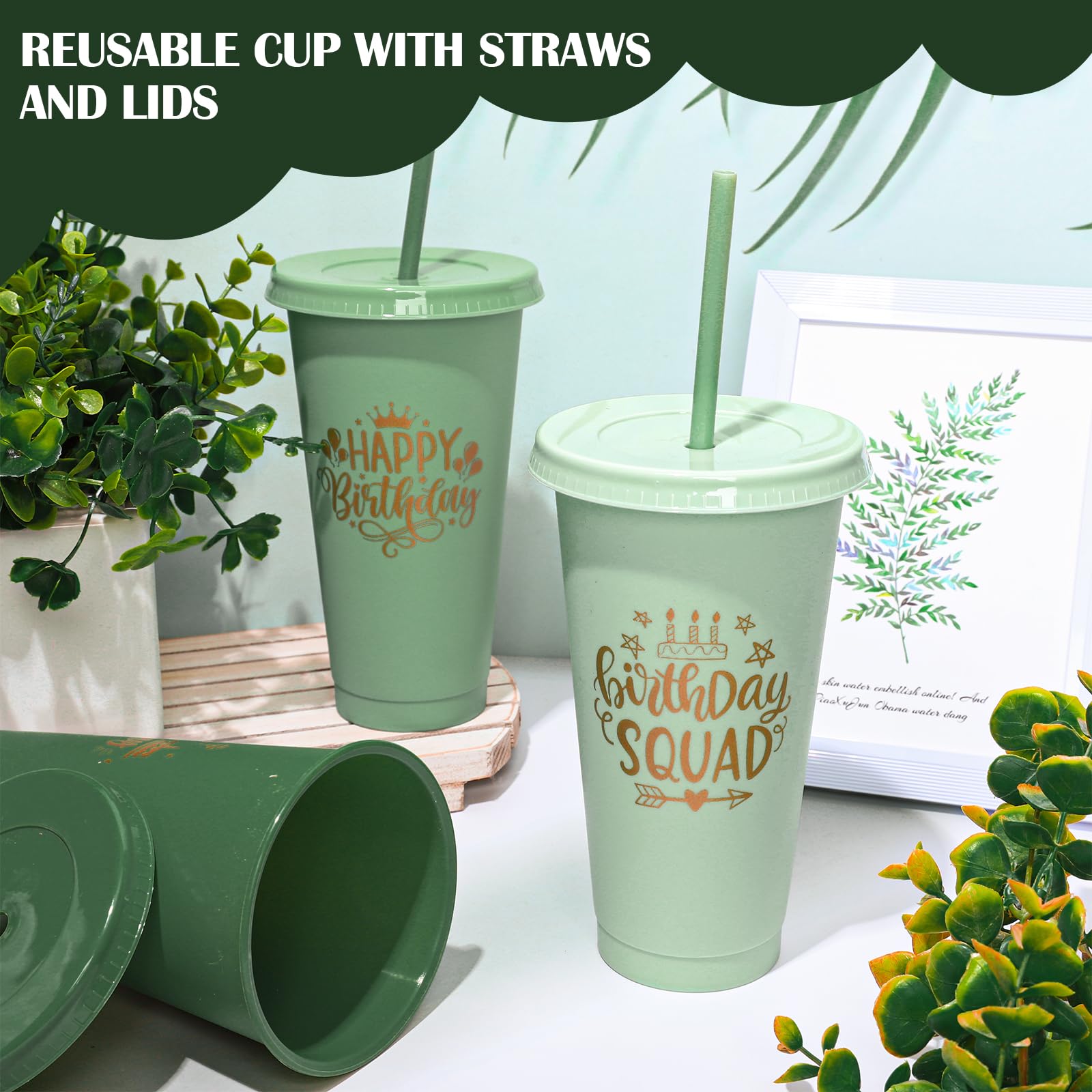 Whaline 12 bicchieri per feste di compleanno con coperchio, cannucce verde salvia, bicchieri in plastica verde sfumato, riutilizzabili, per caffè freddo, bevande, viaggi, 680,4 g
