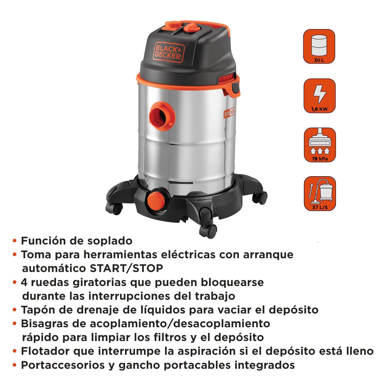 Black+Decker Aspirador Multiuso BXVC30XTDE de sólidos y líquidos con Toma para Herramientas eléctricas integrada (1600 W, 30 l)