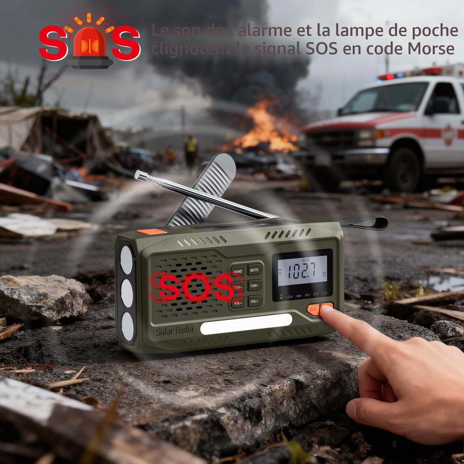 Radio Survie, Radio Solaire Portable à Piles avec Batterie Rechargeable 4500mAh, AM/FM à Manivelle, Écran, Kit d'urgence avec Lampe, Alarme SOS et Le Chargement d'urgence du Téléphone Intelligent