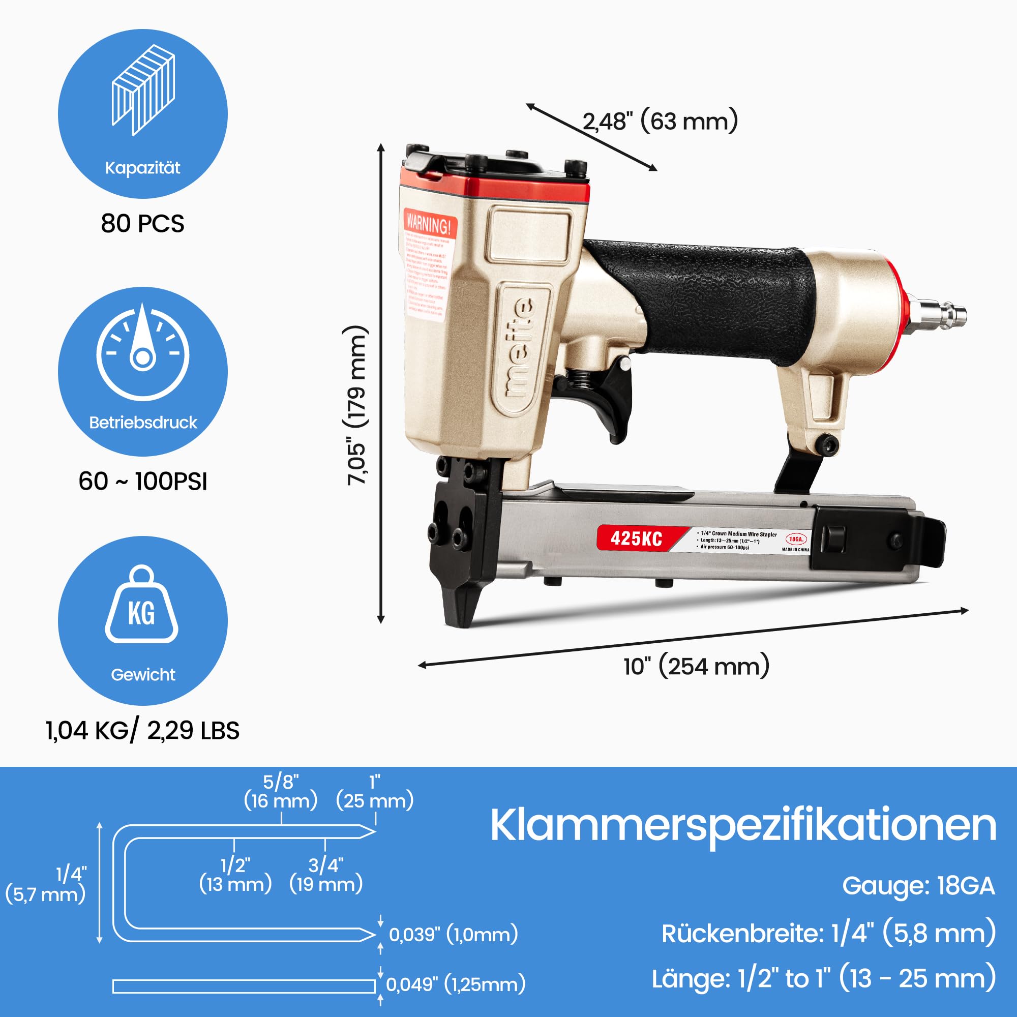 meite 425KC Drucklufttacker 18 GA, für Typ 90 Klammern, 5,7 mm Krone, Drucklufttacker mit Sicherheitsauslöser und Sichtmagazin, für Holzbearbeitung und Innenausbau
