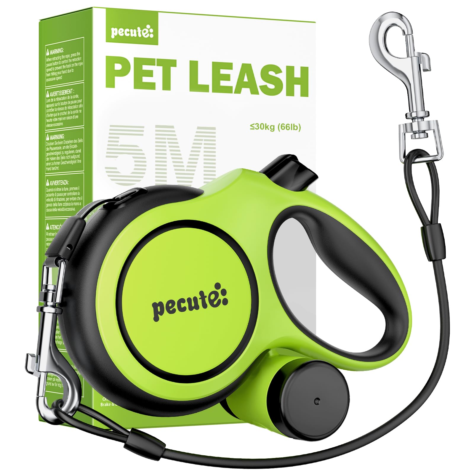 Pecute Guinzaglio per Cani Allungabile 5 metri con Corda Anti-morso da 46 cm, Guinzagli Retrattili con Sacchetti Igienici e Porta Sacchetti|Per Passeggiate/Addestramento/Pioggia, fino a 15-50 kg,Verde