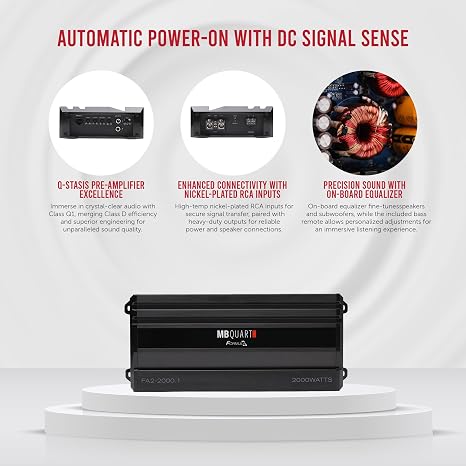 MB Quart Formula 2,000 Watt 1 Ohm Stable Mono Full Range Class Q1 Car Audio Mobile Amplifier with Bass Remote, FA2-2000.1, Black