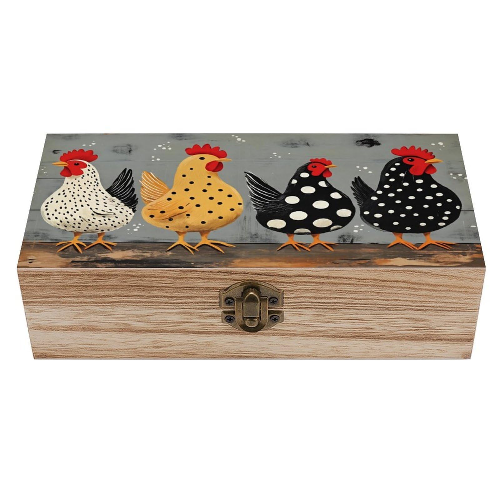HLBSDM Rustic Chicken Hens Vintage Wooden Keepsake Box with Hinged Lid And Locking Clasp, Decorative Storage Box for Jewelry, Trinkets And Small Accessories, Organizer for Home Or Wedding