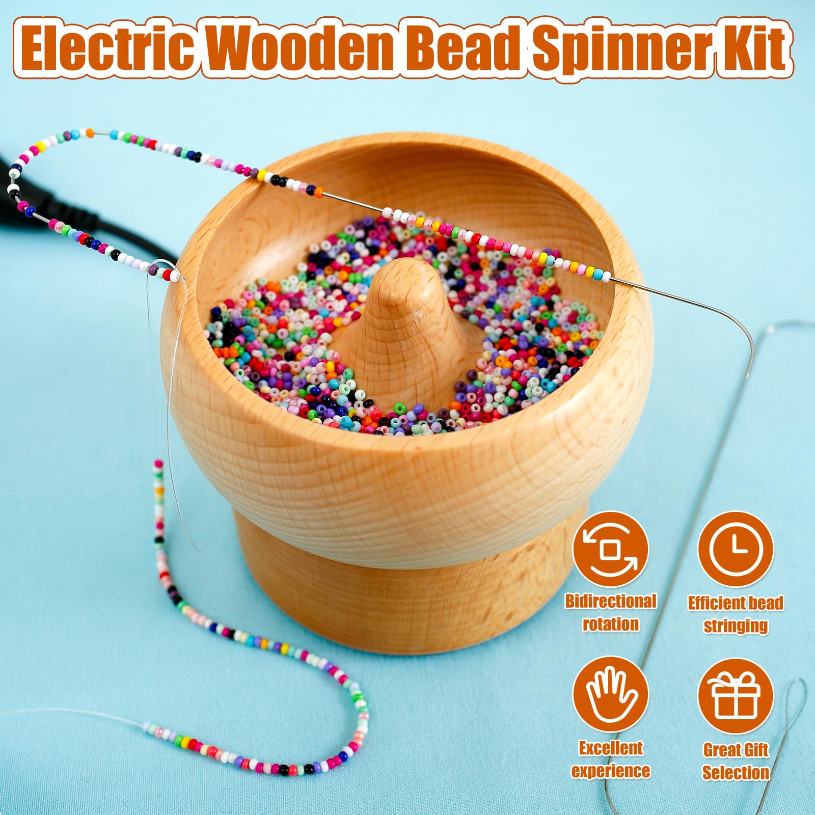 Spinner eléctrico de cuentas de madera alimentado por USB, kit de cuenco giratorio de velocidad y dirección ajustable con 2 agujas de cuentas, 2000 cuentas para pulseras, fabricación de joyas