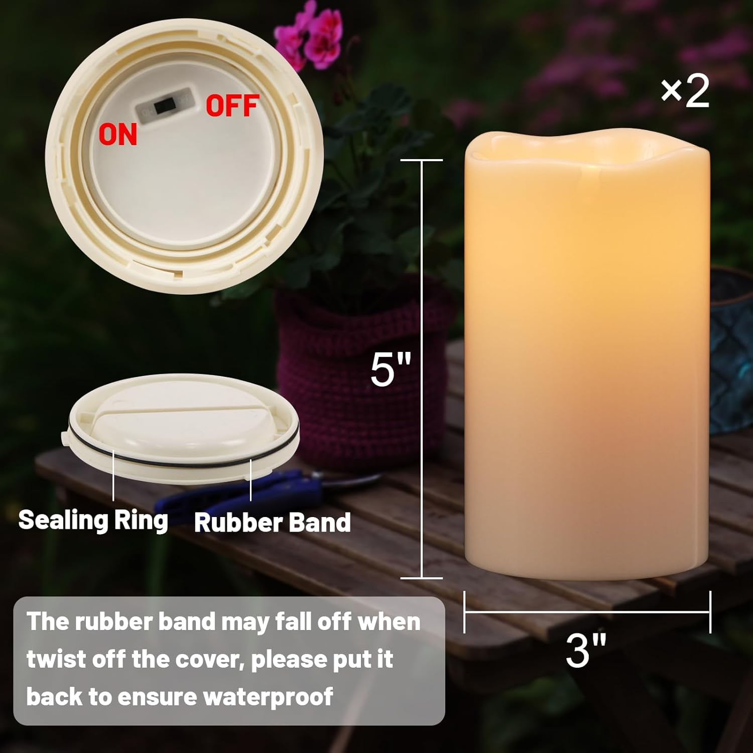 Eldnacele 5" Solar Outdoor Flameless Candles Dusk to Dawn Waterproof Rechargeable White Plastic LED Flickering Pillar Candles for Lantern Garden Patio Porch Home Decor