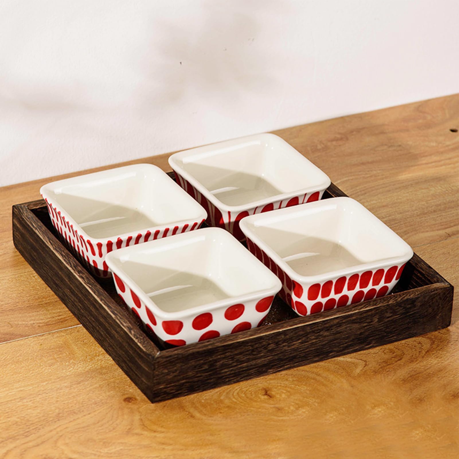 Dxcaicc Plateau De Service Divisé en Céramique avec Fleurs De Bégonia, Émail, Verre, Bois, Plateau À Apéritif, Peint À La Main avec Motif Rouge, Bols Carrés en Céramique,A