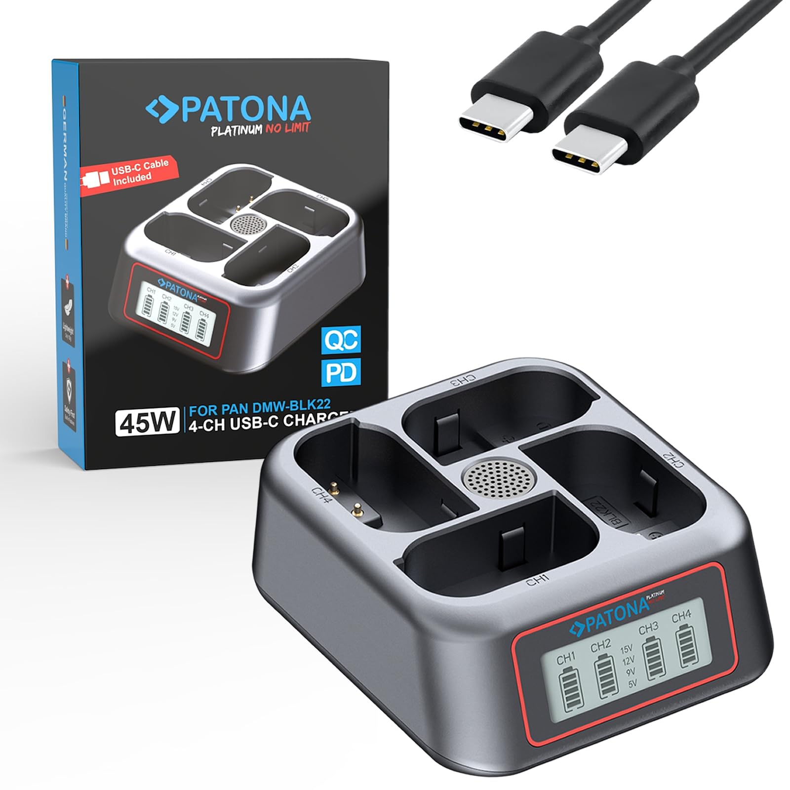 PATONA 4-Fach Ładowarka 45W USB-C PD/QC do Panasonic DMW-BLK22