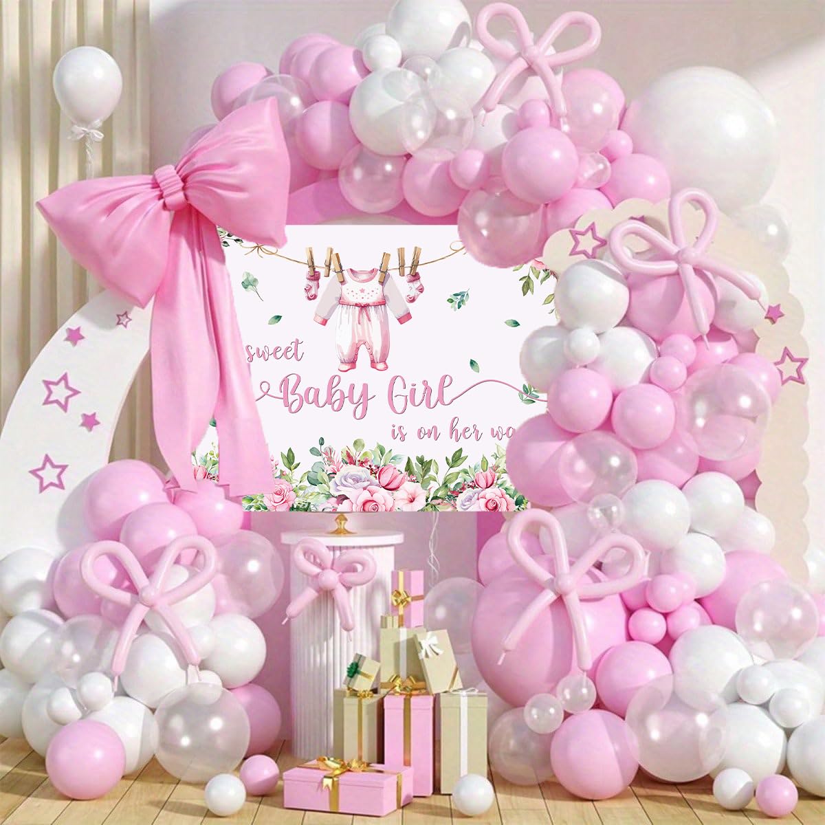 Telón de fondo rosa para baby shower de 8 x 6 pies, con texto en inglés "A Sweet Baby Girl is on Her Way", decoración de fiesta de cumpleaños para recién nacidos, fondo de fotografía para