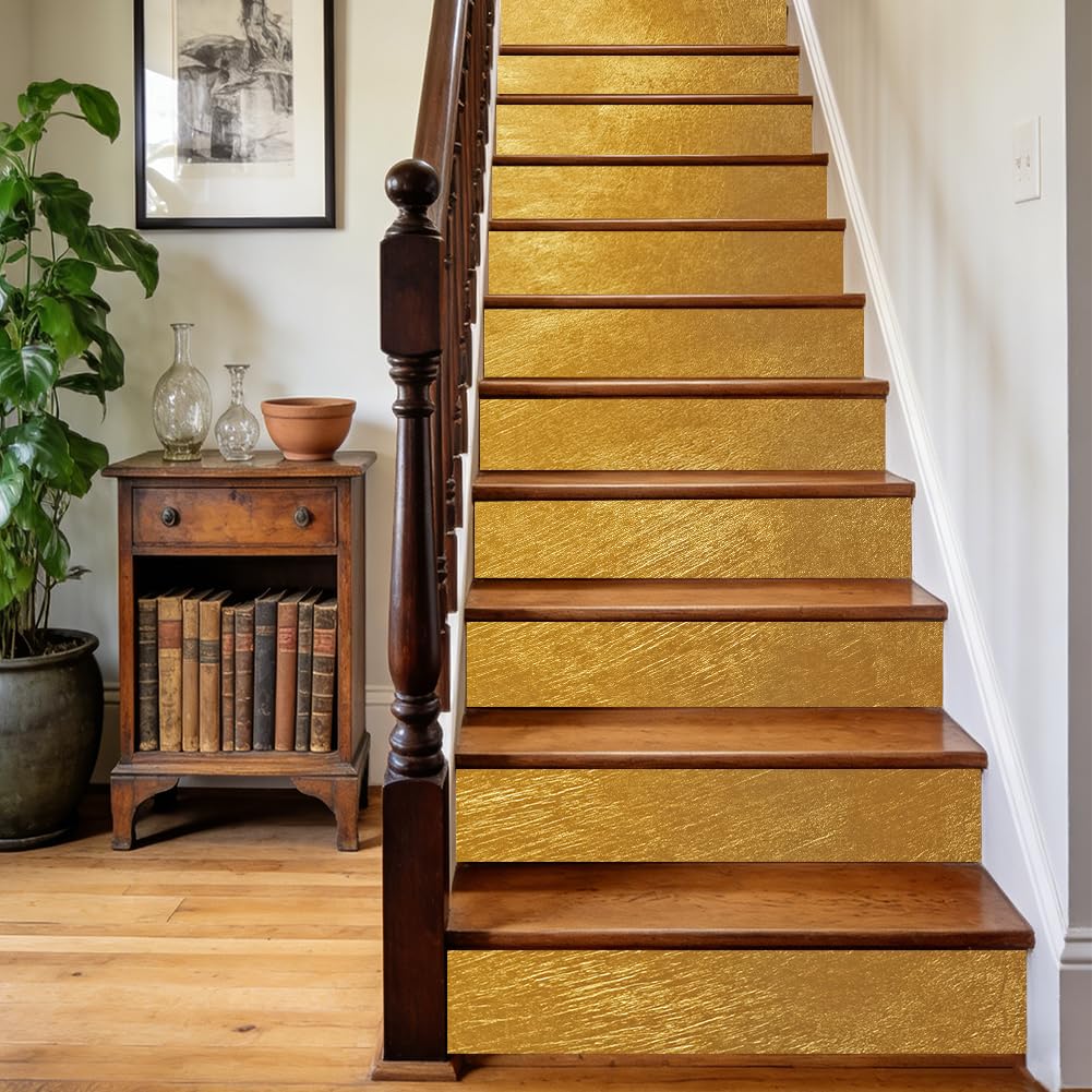 TNKBREEZE 15 Strips Metallic Stair Stickers Gold Peel and Stick Vinyl Stair Riser Decals 100×18cm/39.37" L x 7.09" H Waterproof Staircase Tile Stickers for Home Steps Floor Murals Decoration