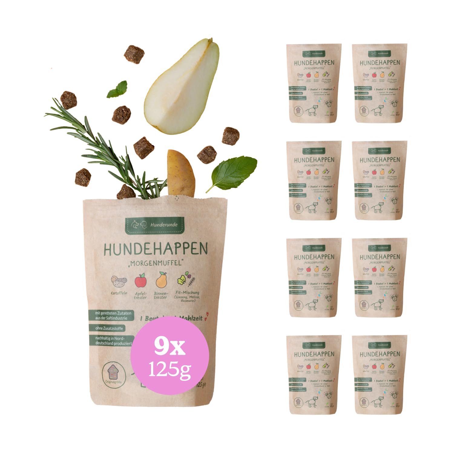 Hunderunde - Hundesnack Morgenmuffel für einen Guten Start in den Morgen - Hundeleckerlis mit Vitaminen, 39 Ballaststoffen & Kohlenhydraten - 100% hypoallergen, gut verträglich & vegan (9X 125g)