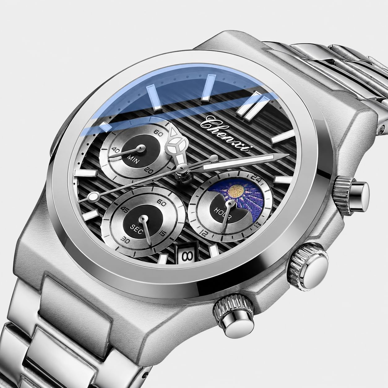 Gosasa - Orologio da uomo alla moda, in acciaio inox, movimento al quarzo, luminoso, impermeabile, con display analogico