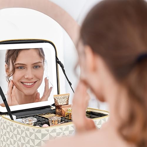 Vista 46 de Estuche de viaje de maquillaje con espejo luz LED 3 brillo ajustable, bolsa de cosméticos grande, almacenamiento portátil, partición ajustable, Roses