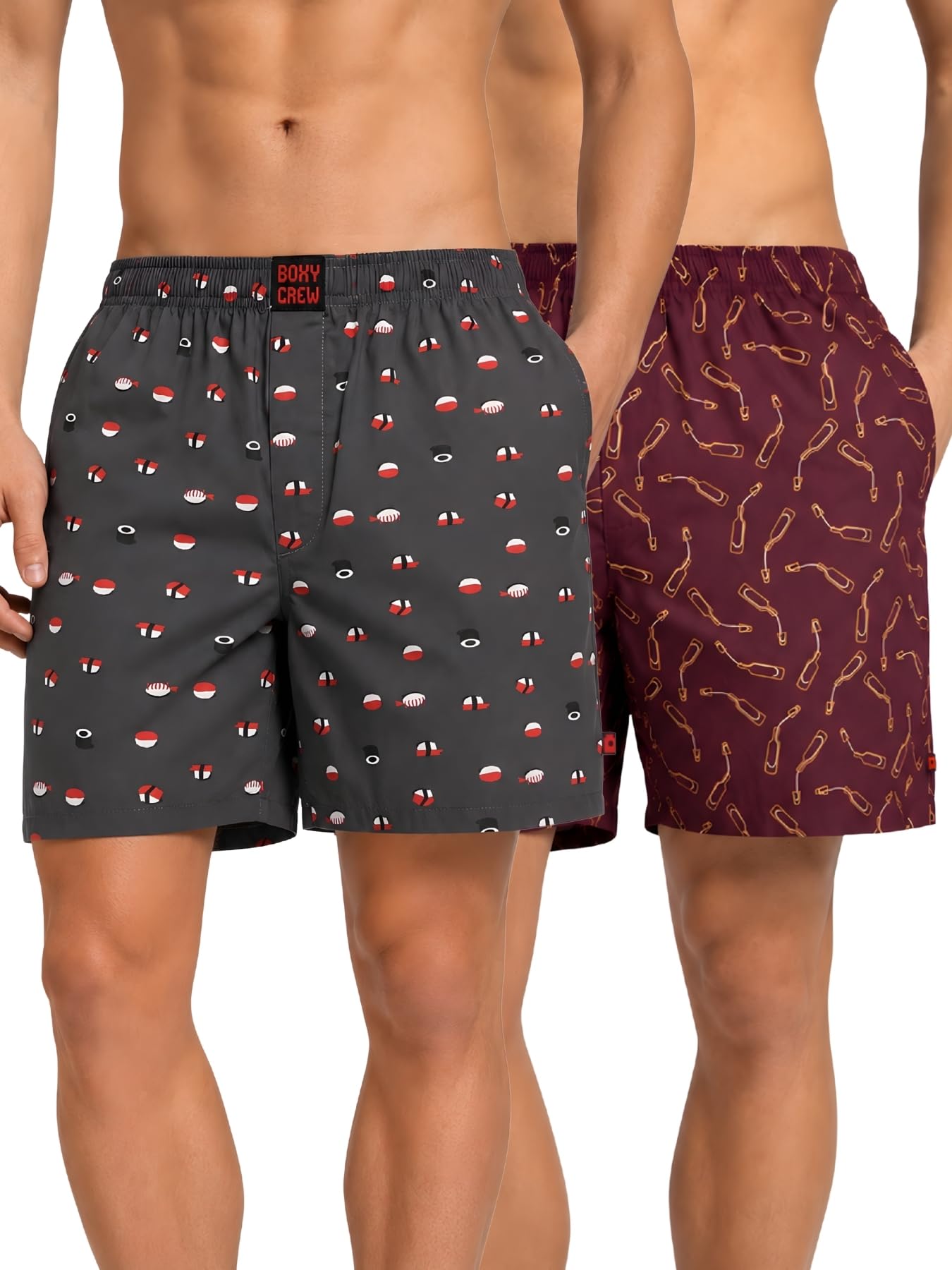 boxy crew Men Boxer Shorts Pack of 2, 100% Cotton Woven Boxers, Charcoal & Maroon, Printed Designs, Dual Side Pockets, No-Marks Inner Elastic Waistband, Relaxed Fit Lounge & Sleep Shorts-picture-21