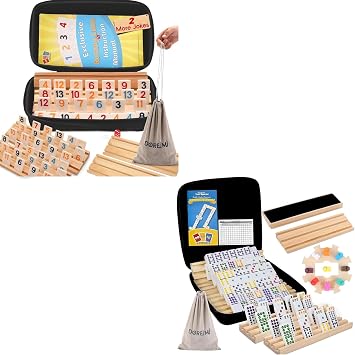 Doreimi Upgraded Mexican Train Dominoes Set with Wooden Hub and 8 Racks/Trays+Rummy Cube 6 Player Upgraded Edition with 6 Wooden Racks