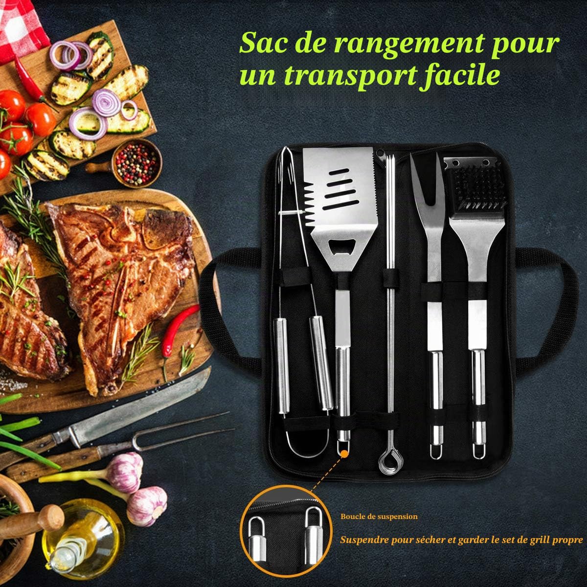 Lot de 10 ustensiles de Barbecue en Acier Inoxydable avec Sac de Transport