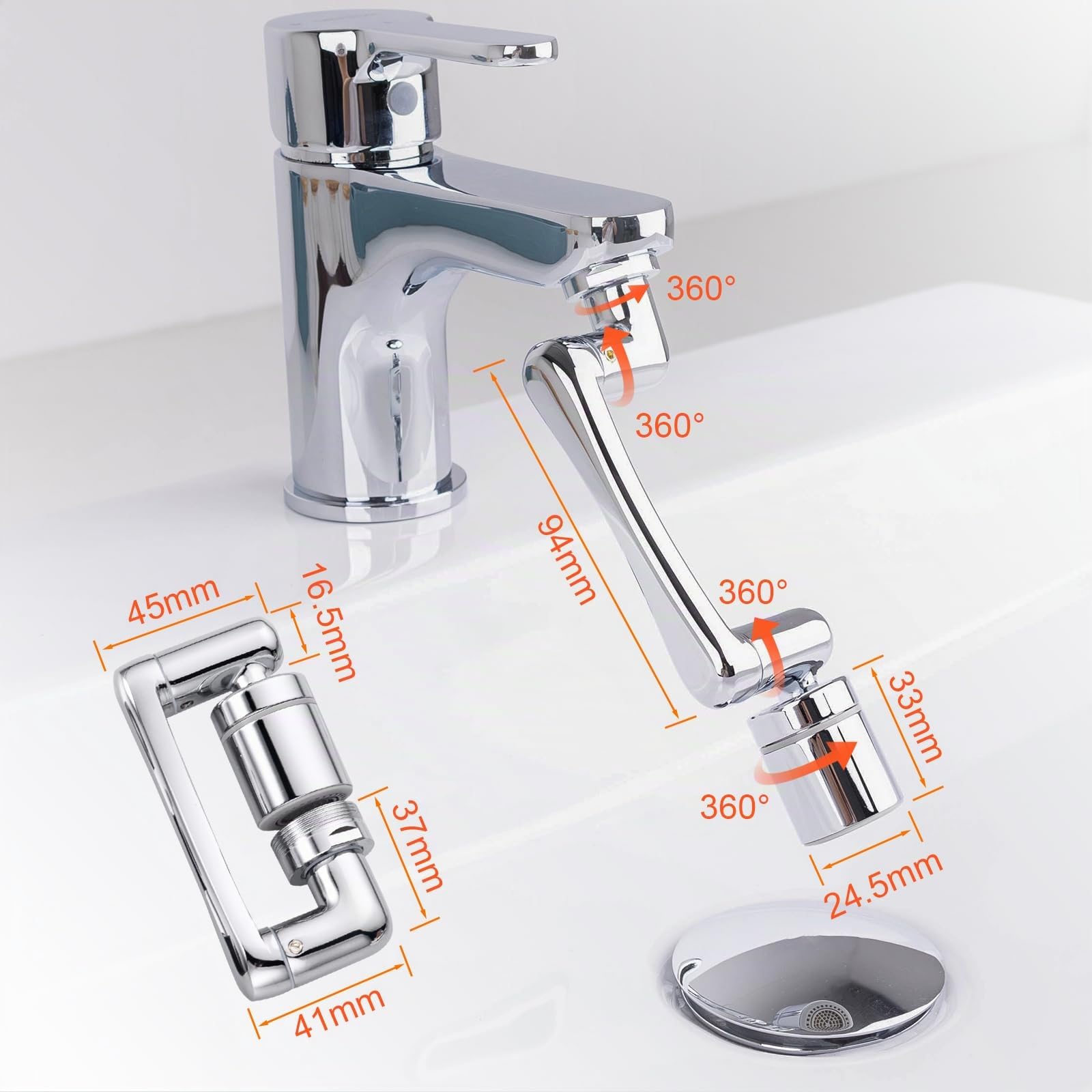 Ibergrif Prolunga Rubinetto Cucina Bagno Rotante 1440 Gradi, Aeratore Regolabile, 2 Modalità di Acqua, Accessorio Facile Installazione, Filtro Antispruzzo, Argento, M91006