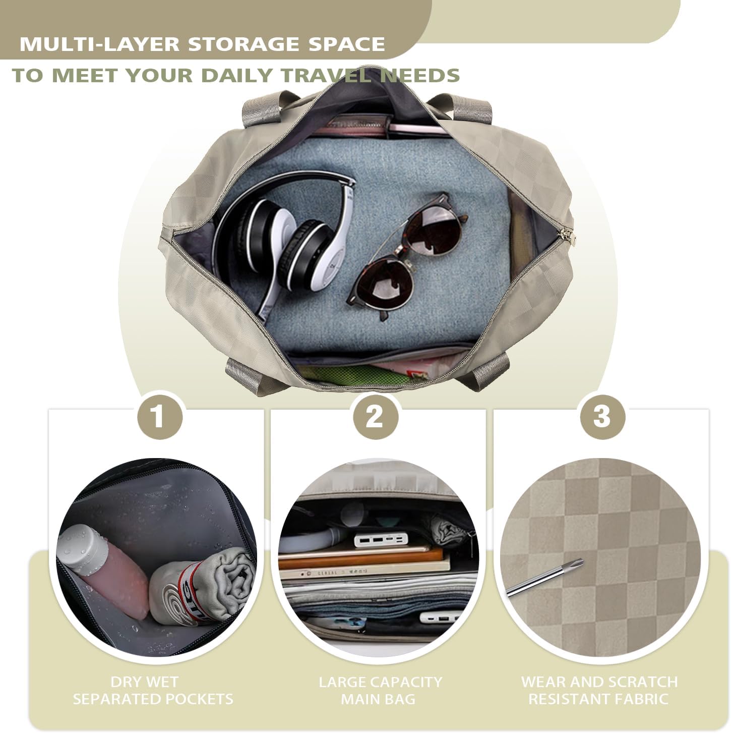 Travel Duffle Bag with Wheels, 28-58L Expandable & Foldable Duffel Bag (Khaki) - Image 4