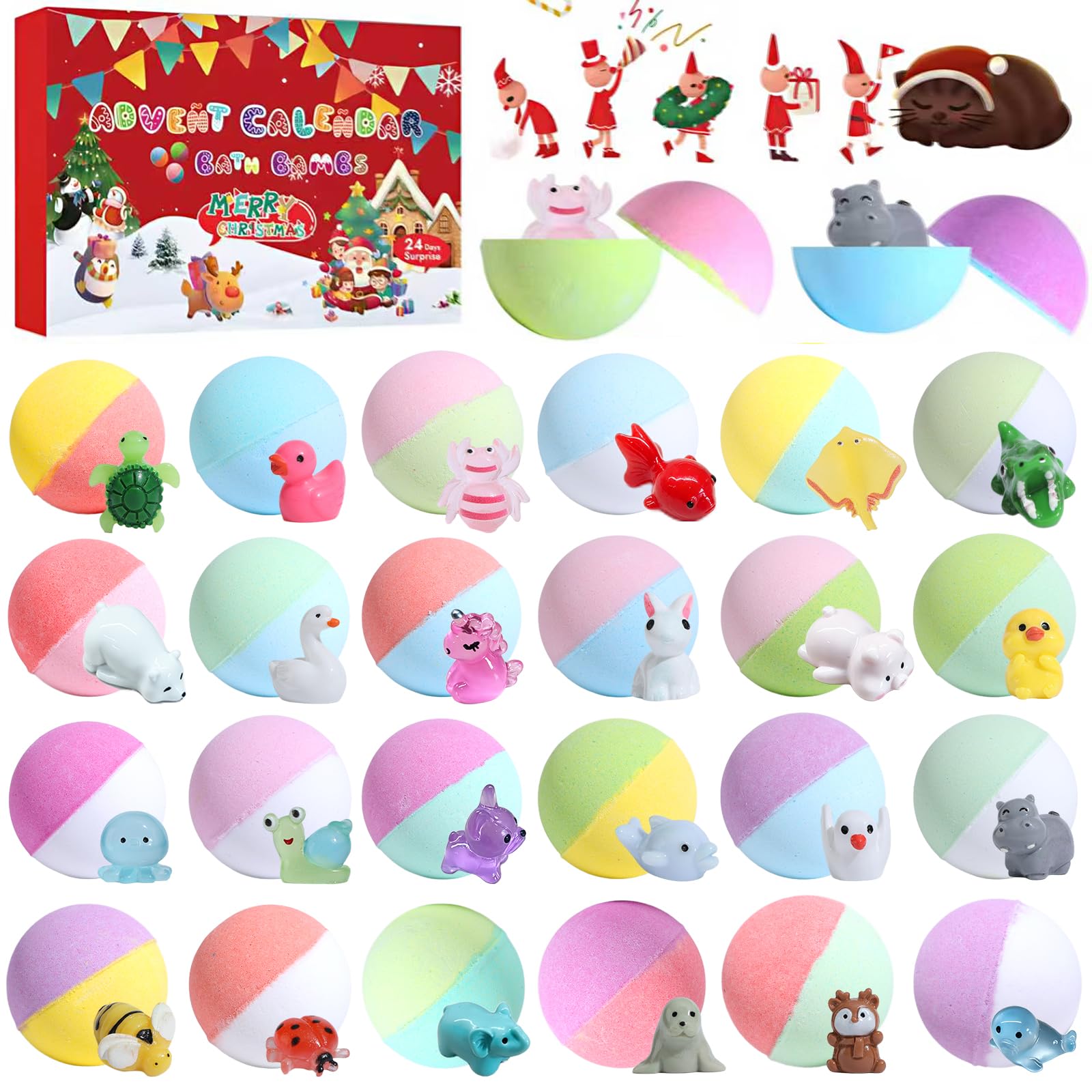 Calendario dell'Avvento 2025 per bambini, bomba da bagno di Natale, per bambini con 24 animali sorpresa, bombe da bagno in schiuma naturale e organica, regalo di Natale per ragazze e ragazzi