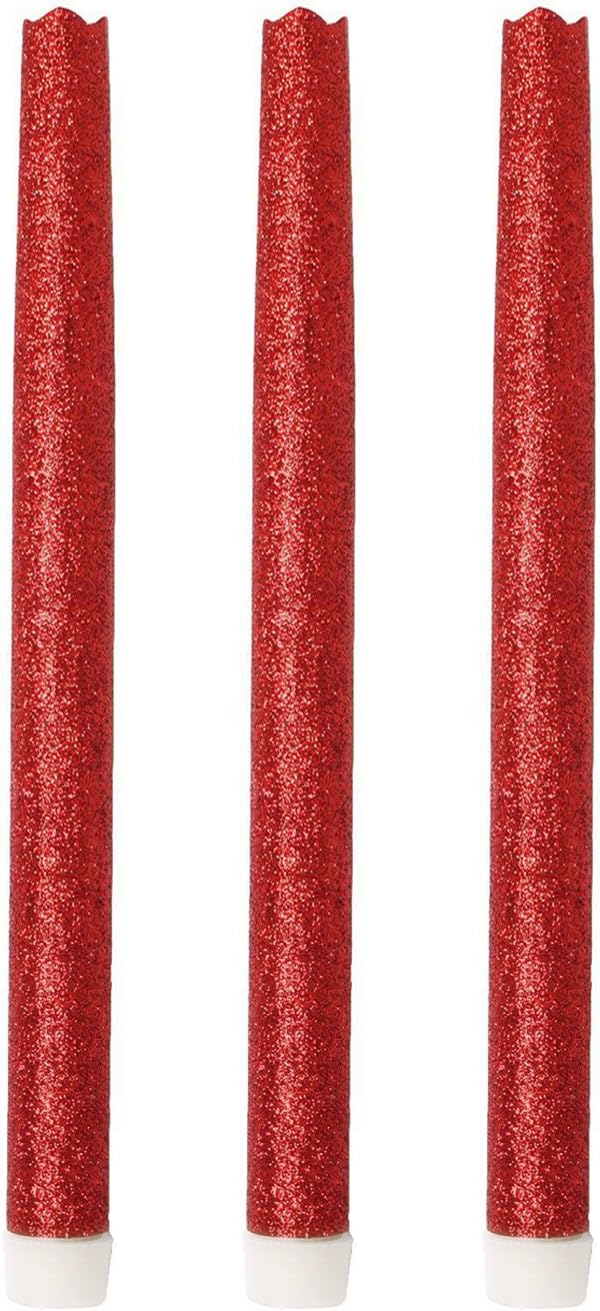 12"LED Flameless Dripless Led Taper Candles with Timer Function, Battery Operated, Wedding Dinner Candle Set of 3 (Red Glitter)
