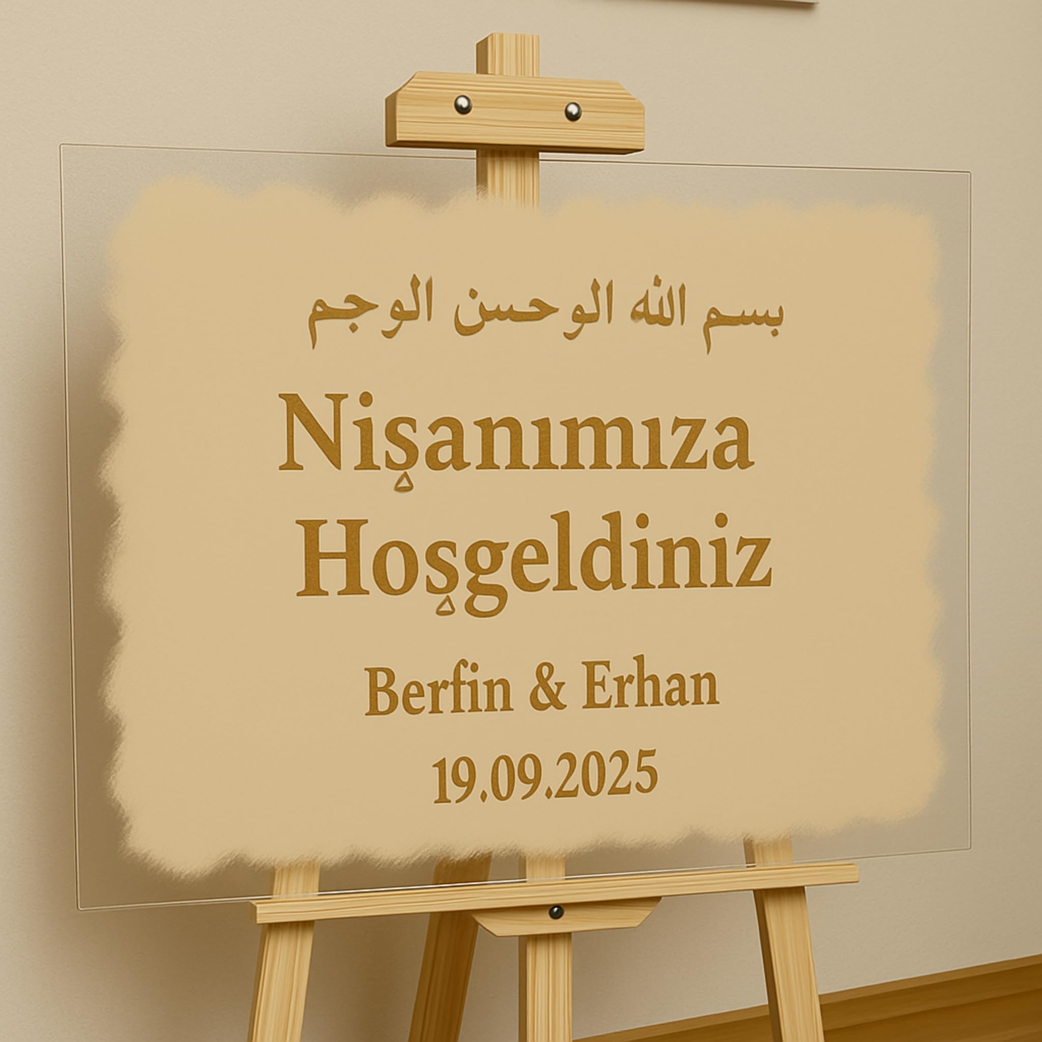 Cartel de bienvenida de boda acrílico personalizado con texto dorado, cartel acrílico pintado a mano con nombre y fecha, moderno cartel de boda, decoración individual de boda (beis, 70 x 50 cm)