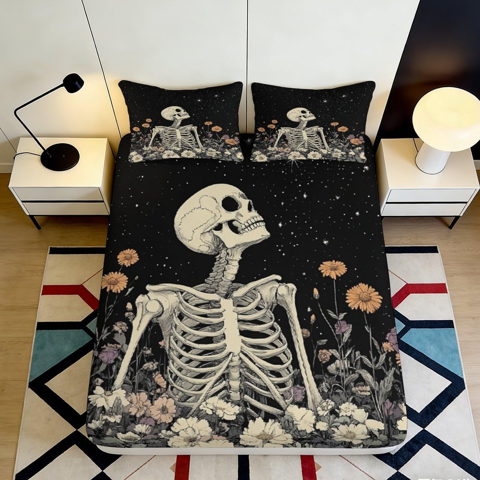 Jqzkxnhpbr Style-1 3D Printed Skeleton Floral Fitted Sheet Microfiber Black Gothic Bed Cover For Bedroom Dorm Mattress Decor 90X200x25cm