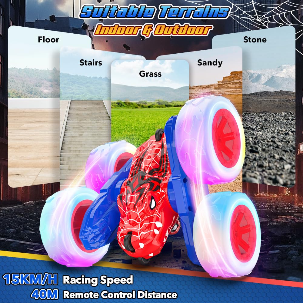 Mieryd Spider Voiture Télécommandée Enfant, 360° Rotation Stunt Véhicule avec LED, Multi-Terrain Remote RC Car, Monster Truck Jouet Extérieur Jeux Anniversaire Noël Cadeau Garçon 3+ Ans