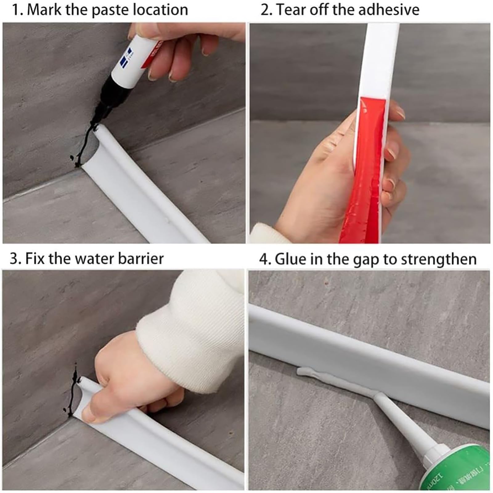 Diga d'acqua per soglia porta doccia in silicone, barriera d'acqua pieghevole Barriera bianca autoadesiva per pavimento umido, per lavello della cucina, striscia di tenuta per pavimento del bagno ( Co