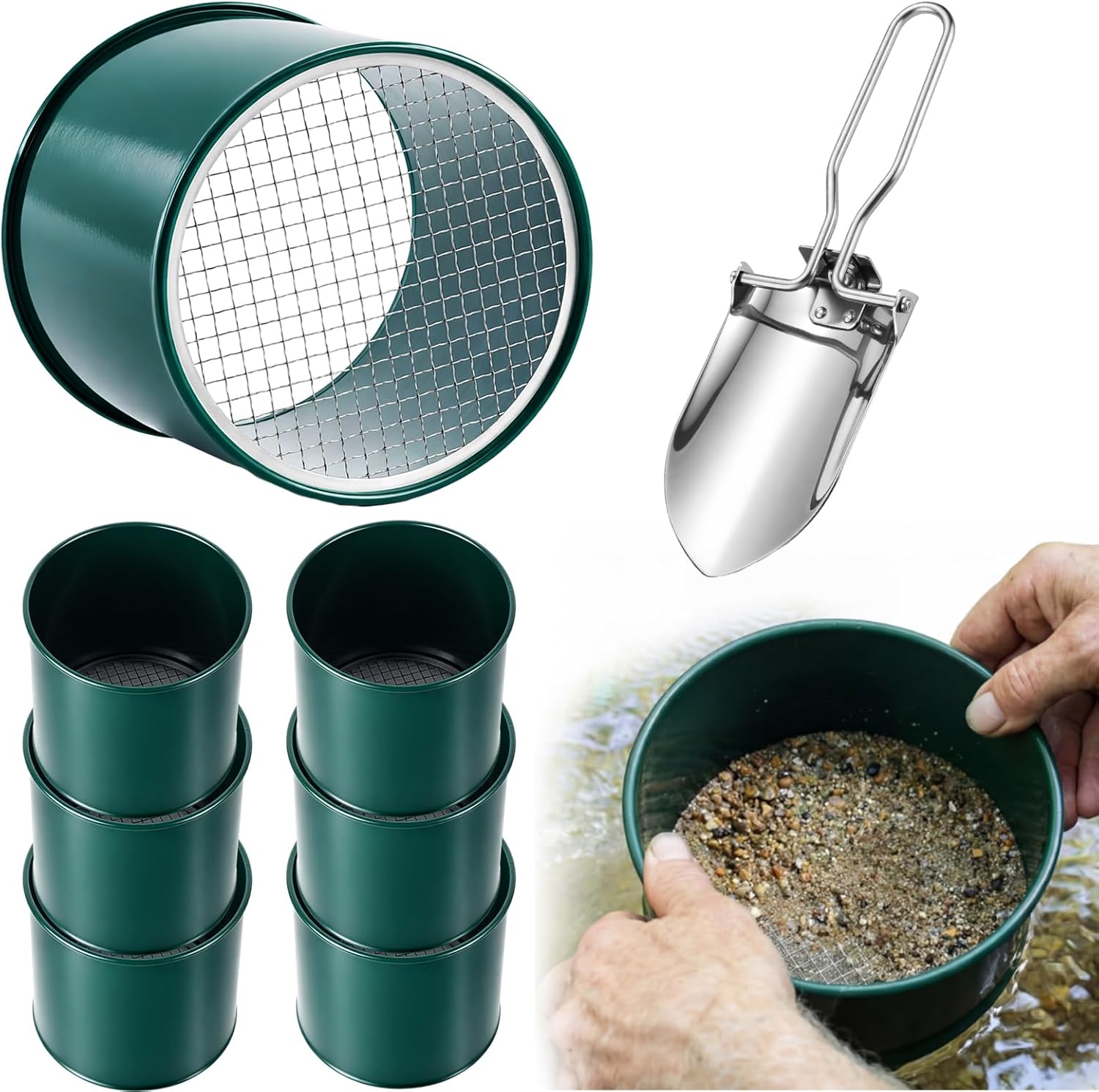 Blulu 7 Pcs Large Gold Panning Kit Stainless Steel Gold Mining Equipment Mini Sifter with Shovel Green Classifier Screen Set for Beginners and Enthusiasts Detector Accessories