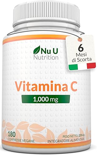 Vitamina C 1000mg Pura Alto Dosaggio - 180 Compresse Vegane - 6 Mesi di Fornitura - Acido Ascorbico - Prodotto in Europa - Nu U Nutrition Generico - integratore