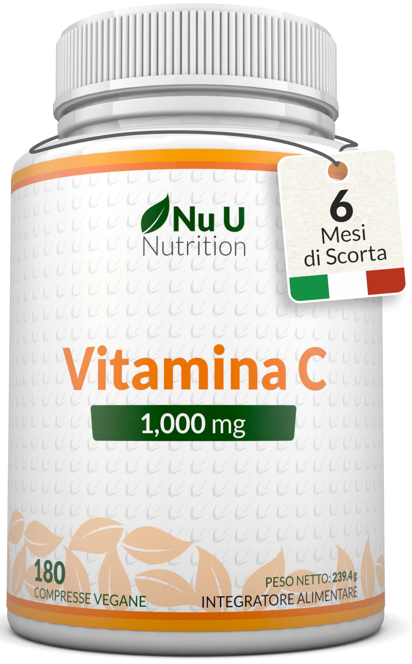 Vitamina C 1000mg Pura Alto Dosaggio - 180 Compresse Vegane - 6 Mesi di Fornitura - Acido Ascorbico - Prodotto in Europa - Nu U Nutrition