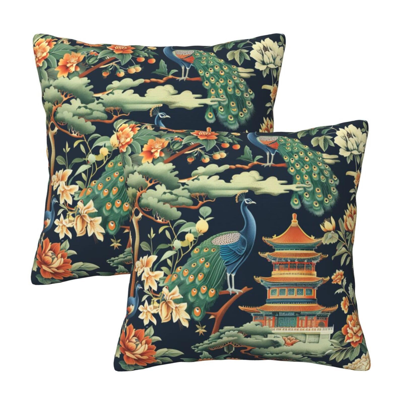 HOSTECCO Peacock Cushion Covers 45x45 cm Set of 2 Chinoiserie Floral Cushion Cases Chinese Decorative Pillow Covers for Sofa Couch