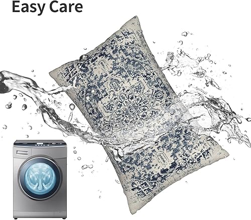 Miniatura 5 de Juego de 2 fundas de almohada lumbar boho de 12 x 20 pulgadas, diseño étnico, fundas decorativas de lino azul y blanco con patrón de alfombra de