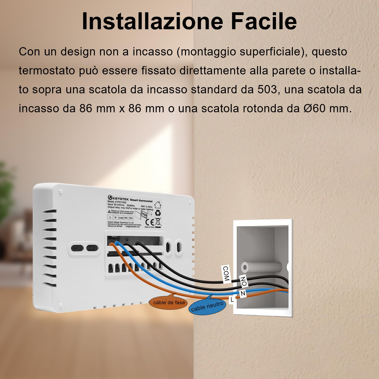 KETOTEK Termostato Caldaia WiFi Programmabile 220V 5A Alexa Compatibile, Cronotermostato Caldaia Digitale Intelligente 503 da Parete, Tuya/Smart Life App Controllo, Contatto Secco, Bianco