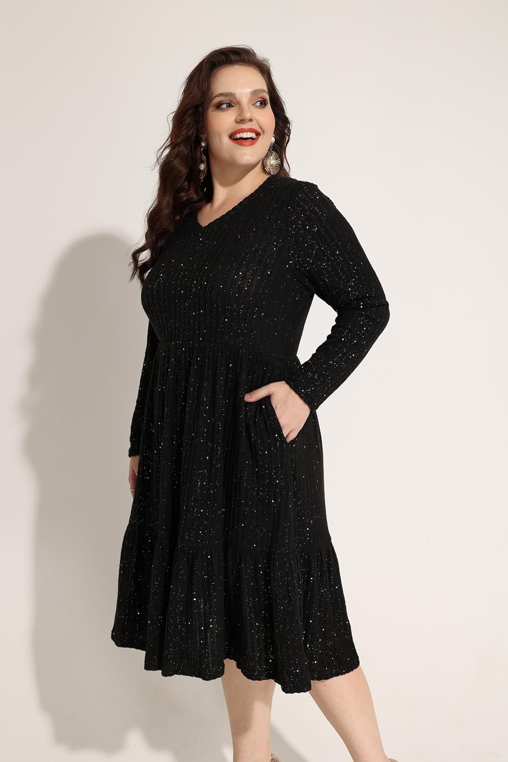 CARCOS Plus Size Dresses for Curvy Women Crew/Vneck Long Sleeve Dresses Ladies Knee Long Fall Winter Dress with Pocket XL-5XL - Image 3