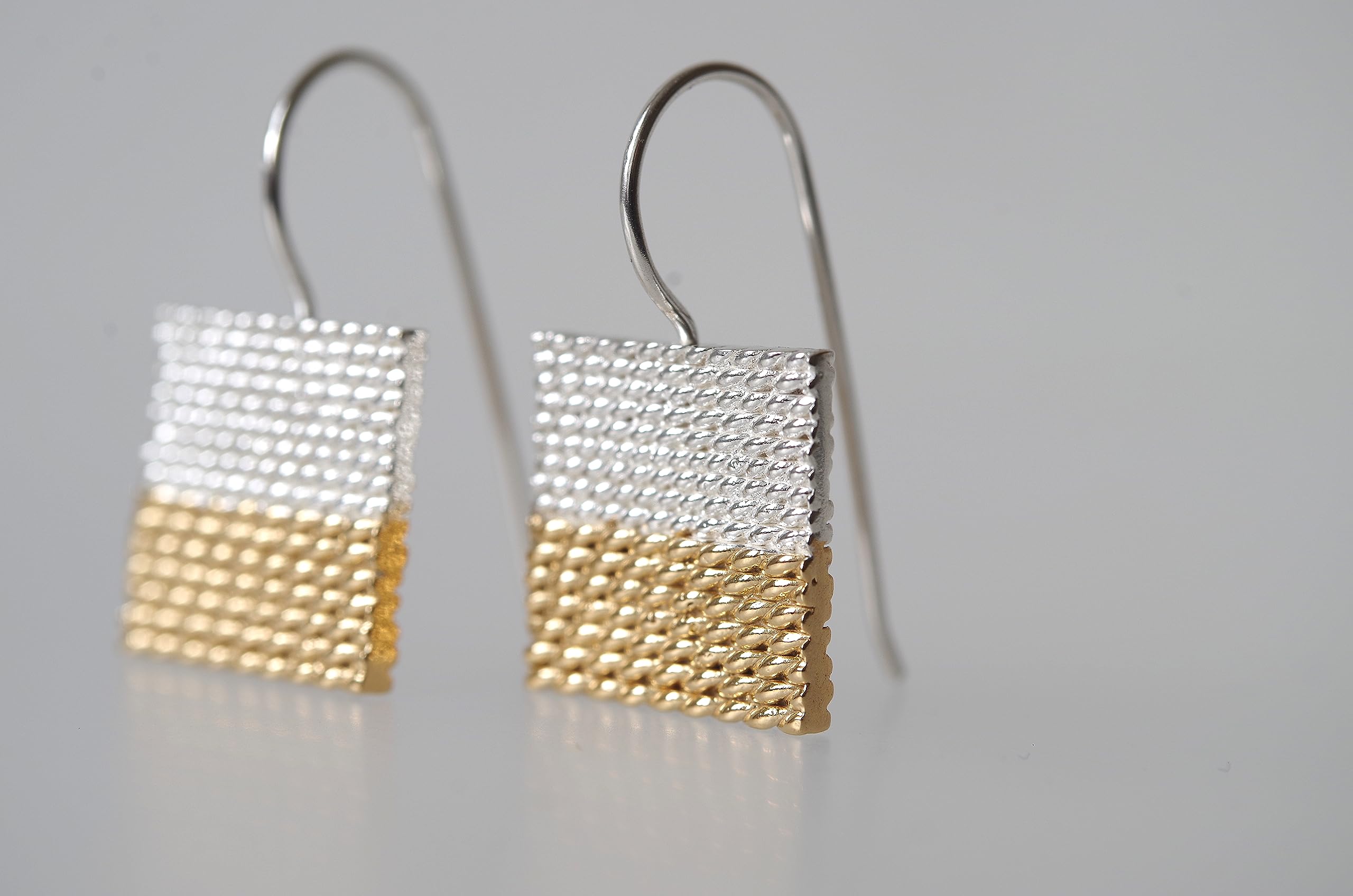 Orecchini Pendenti Quadrati d'Argento 925, Orecchini Geometrici Bicolori con Placcatura Oro