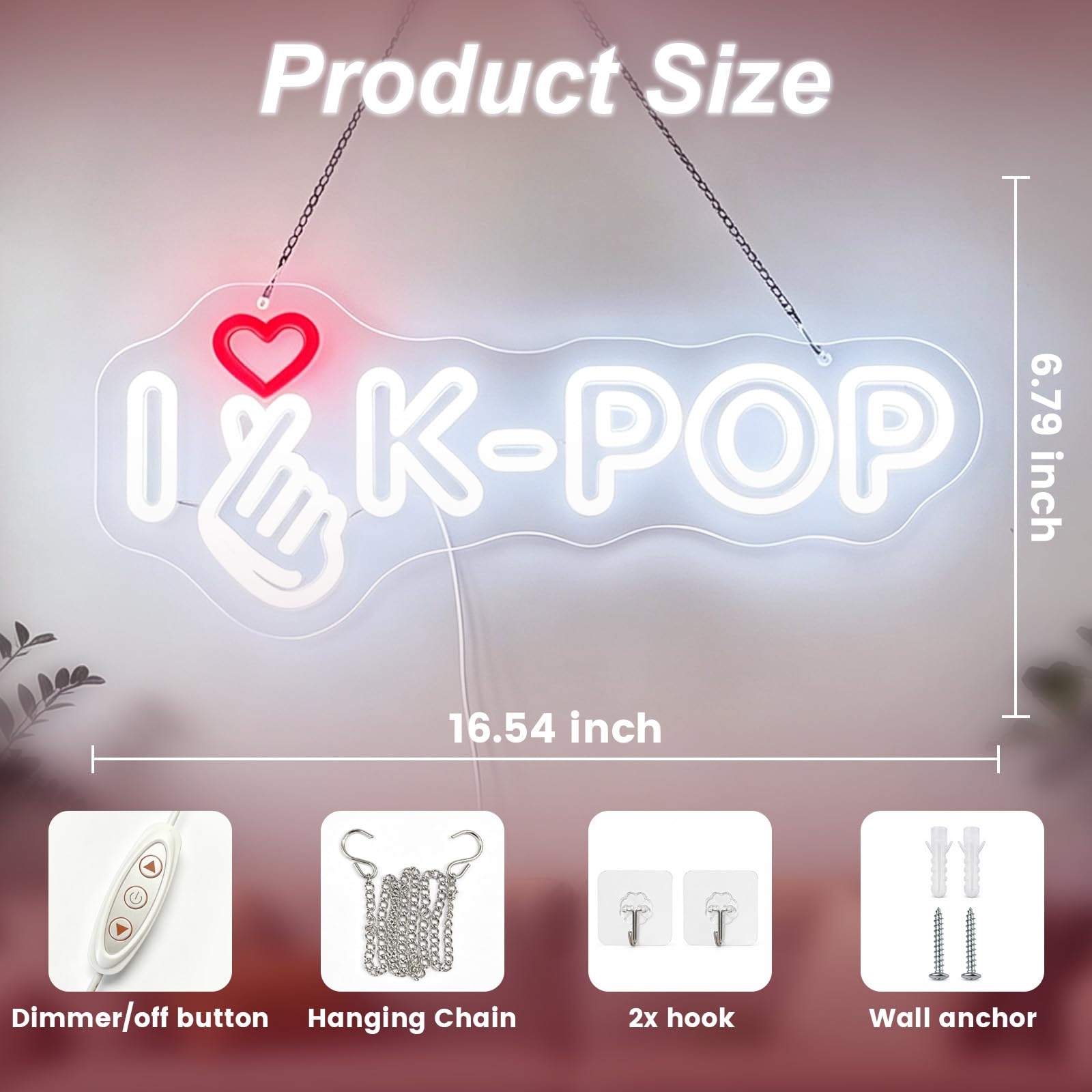 I Love Kpop Insegna al neon per decorazione da parete, luce notturna a LED dimmerabile, alimentata tramite USB, a tema Kpop, per camera da letto, sala giochi, feste, regali per fan ragazze