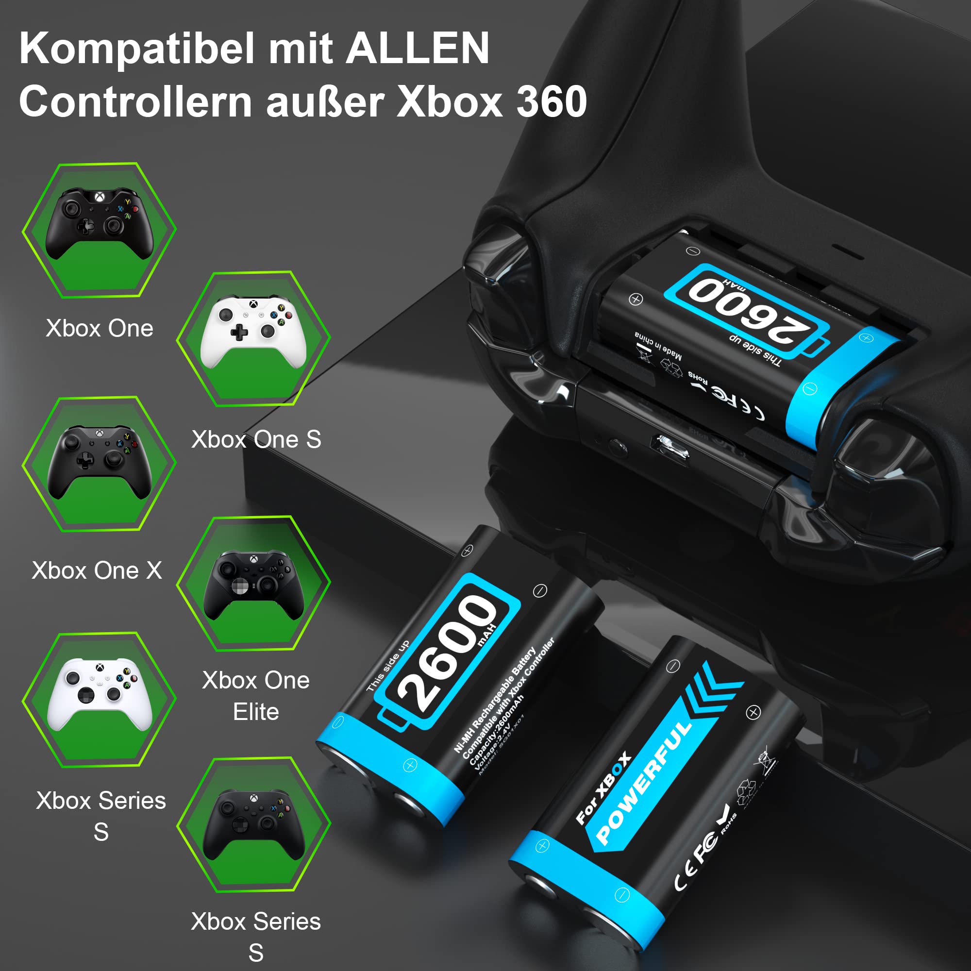 NOPWOK Akku für Xbox One Series X&S Controller，4 Stück 2600mAH Wiederaufladbare Akku Packs Kompatibel mit Xbox Series X&S/Xbox One S&X/Xbox One Elite