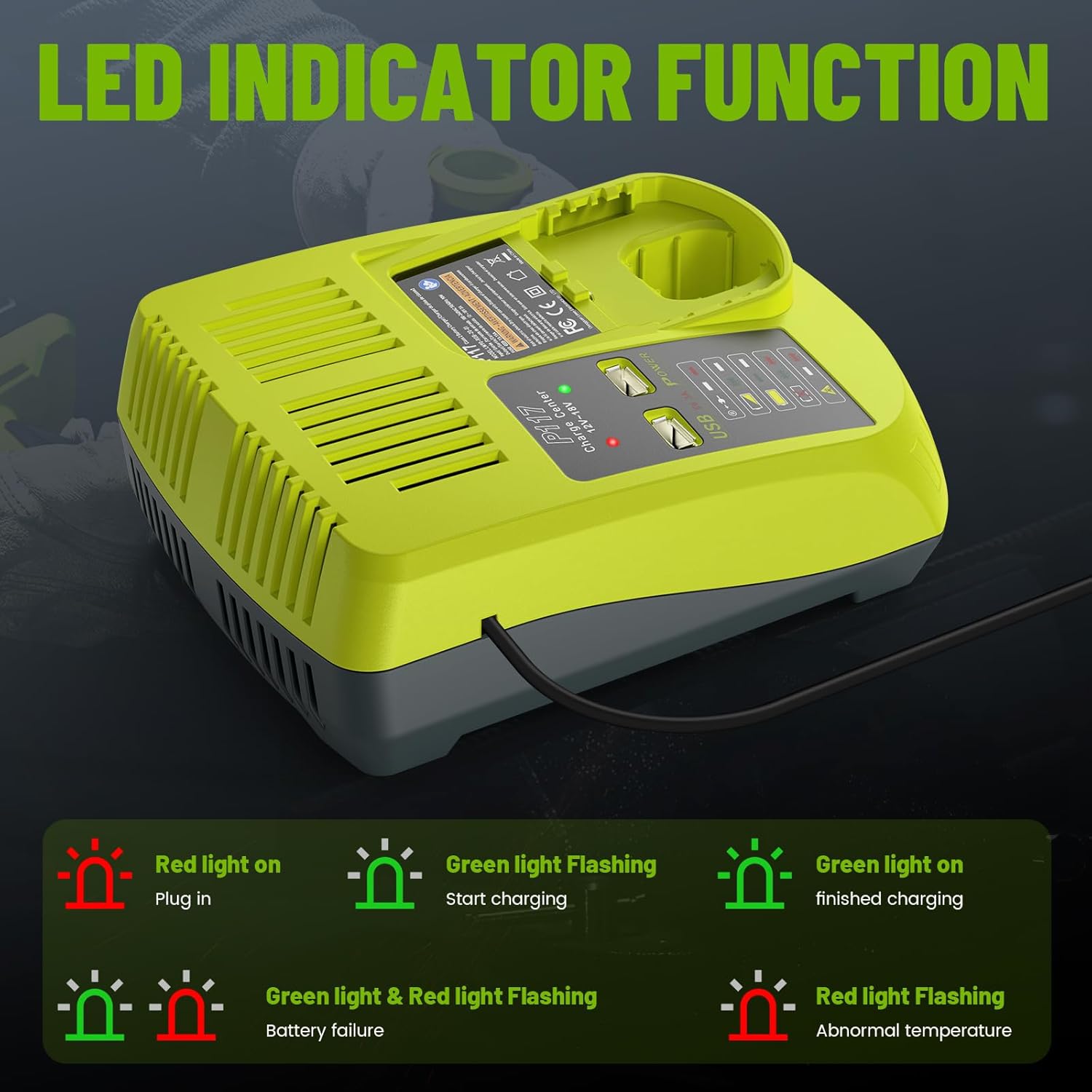 P103 18V 3000mAh 2-Pack Replacement Battery P117 12V-18V Charger for Ryobi Battery Charger Combo Compatible with P100 P102 P104 P105 P107 P108 P109 P190 Charger for Ryobi Lithium-Ion/NiCad/NiMh - Image 7